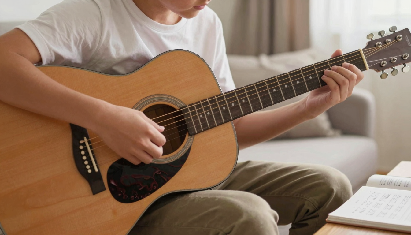 Principiante concentrato mentre si posiziona per imparare a suonare la chitarra acustica in un ambiente domestico confortevole.