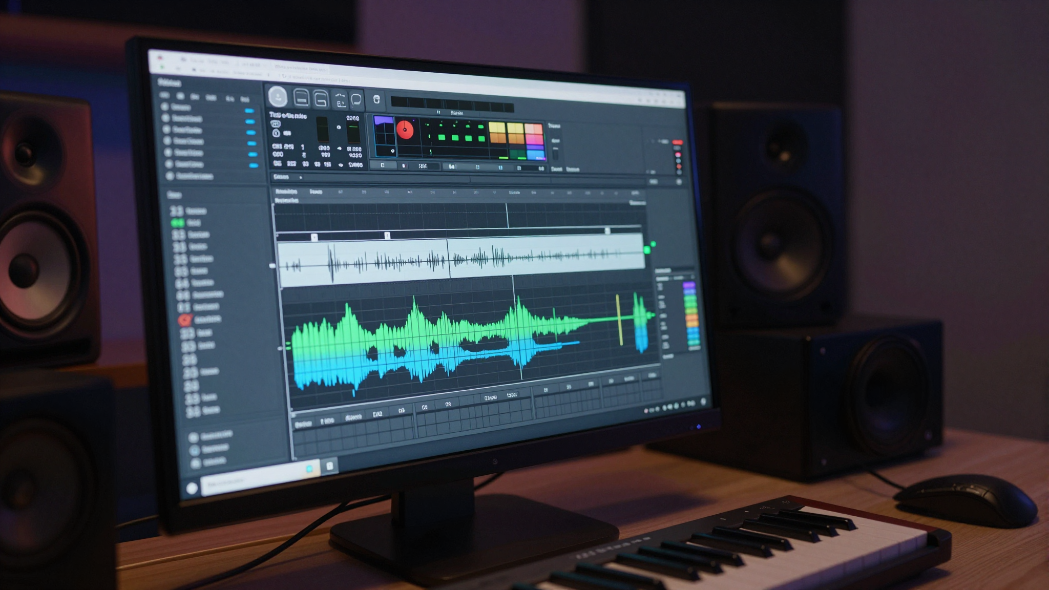 Un primo piano dettagliato di un'interfaccia DAW in uno studio professionale, che mostra l'analisi attiva di una traccia audio con analizzatori di spettro e equalizzatore.