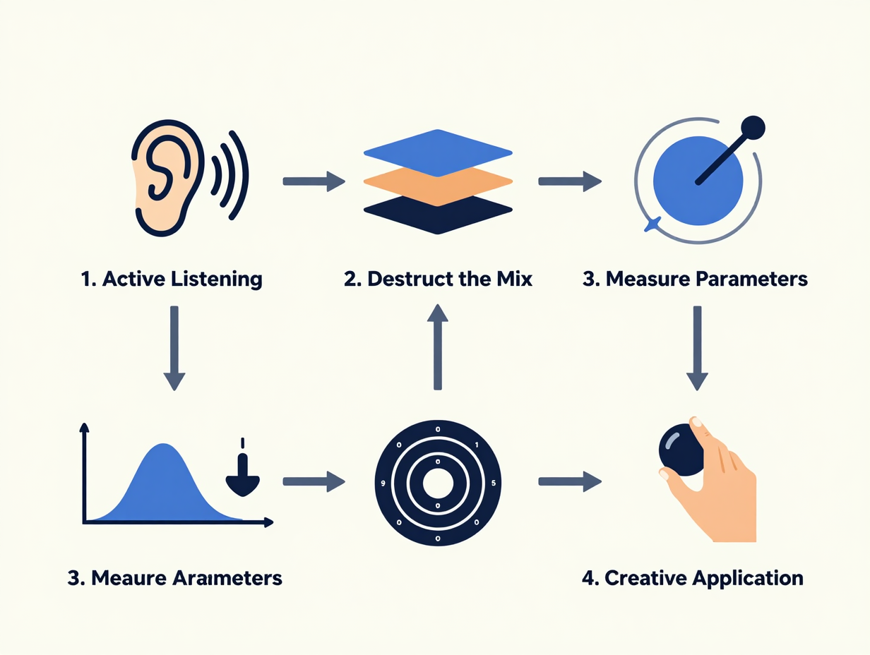 Infografica chiara che illustra il metodo in quattro fasi per passare da ascoltatore a produttore consapevole, dall'ascolto attivo all'applicazione creativa.