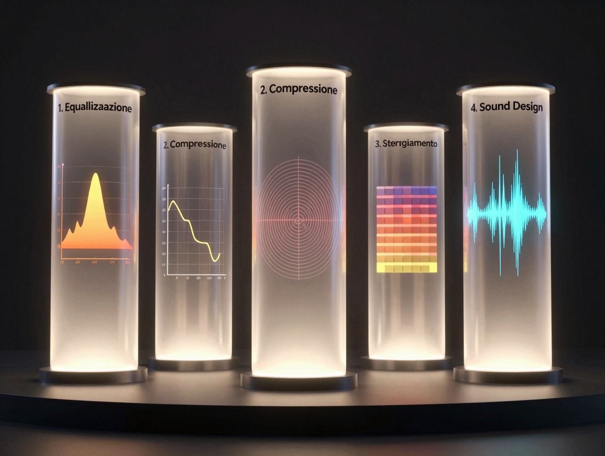 Rappresentazione concettuale 3D dei cinque pilastri tecnici dell'analisi musicale: equalizzazione, compressione, stereo imaging, arrangiamento e sound design.