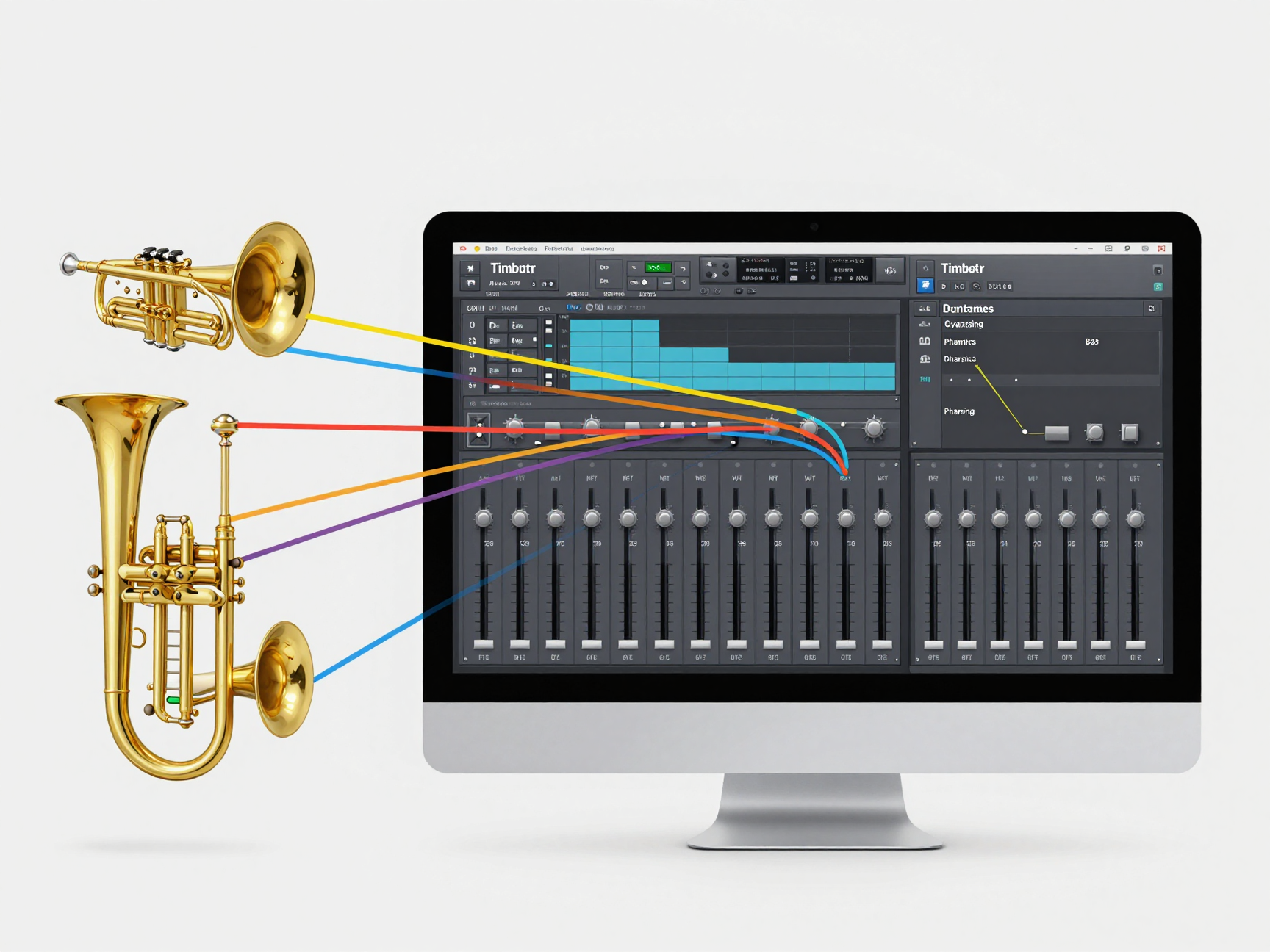 Infografica che mostra la scomposizione in tracce di un arrangiamento per quartetto d'ottoni all'interno di un software di produzione audio (DAW).