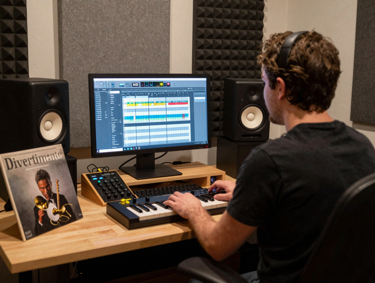 Setup di un home studio con DAW aperta su un arrangiamento per ottoni, ispirato allo studio dell'album Divertimento.
