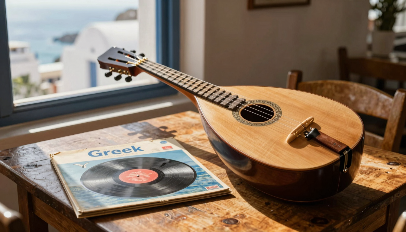 Bouzouki e vinile dell'album 'Greek' su un tavolo in legno in una taverna tradizionale greca