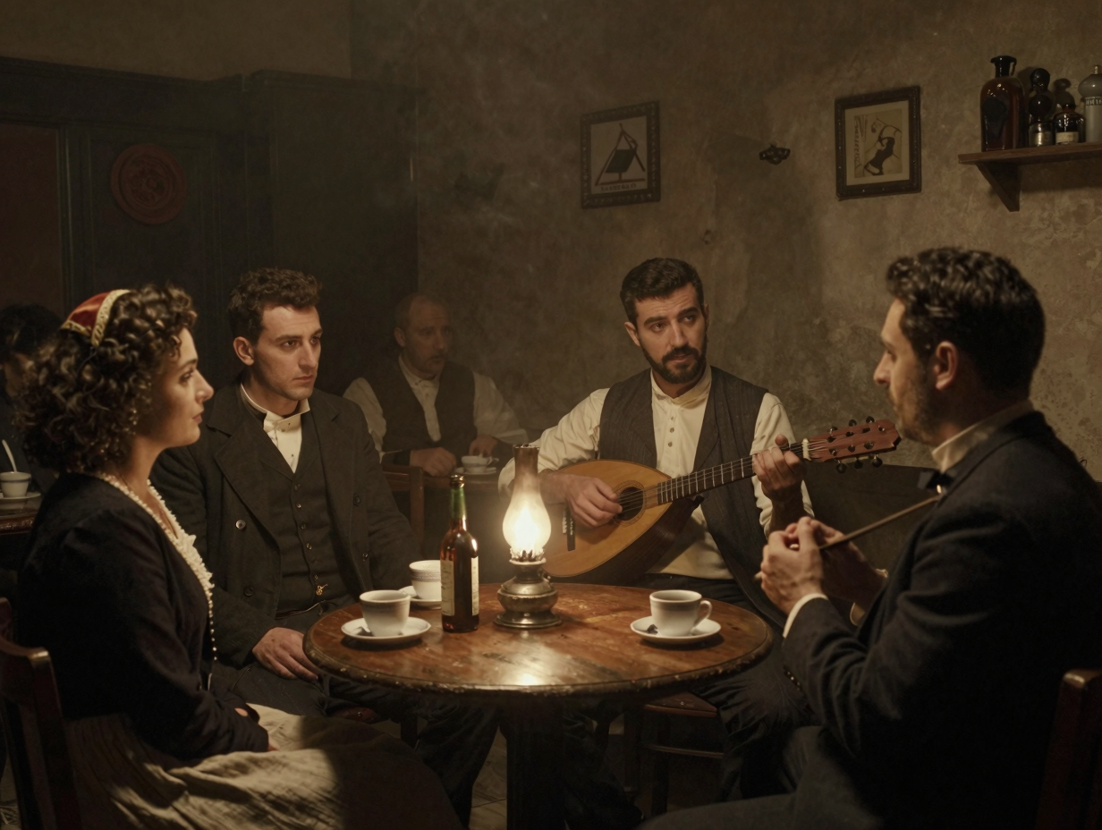 Scena storica e atmosferica di una riunione rebetiko in un locale tipico della Grecia dei primi del Novecento