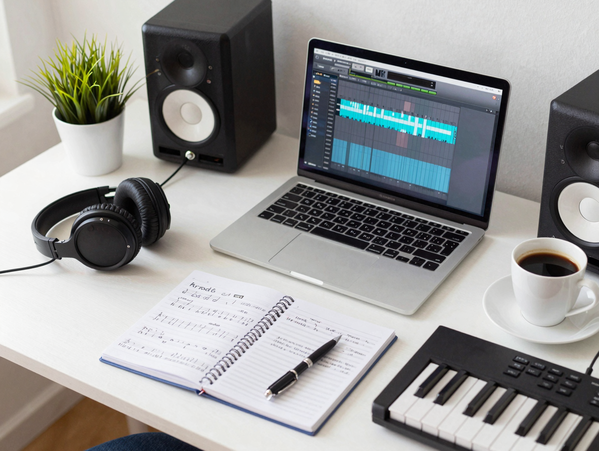 Setup di un home studio moderno con DAW, cuffie, tastiera MIDI e appunti di trascrizione di musica greca